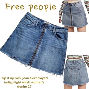 Free people zip it up mini jean skirt frayed indigo light wash women's denim 27